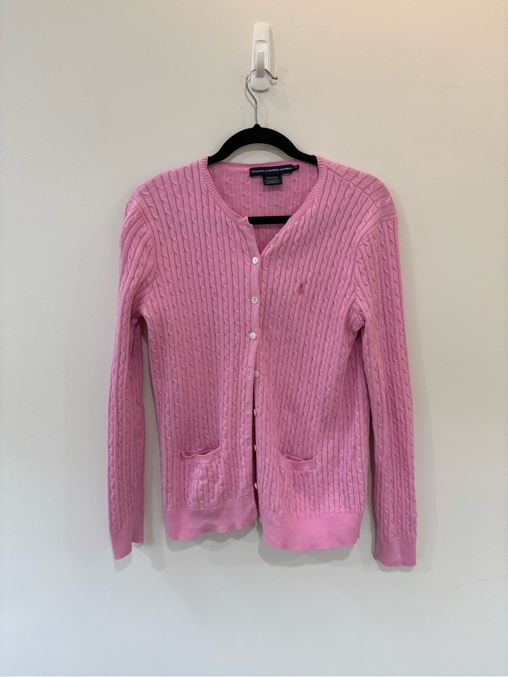 Vintage Ralph Lauren Sport Pink Cable Knit Cardigan Sweater L 100% Cotton